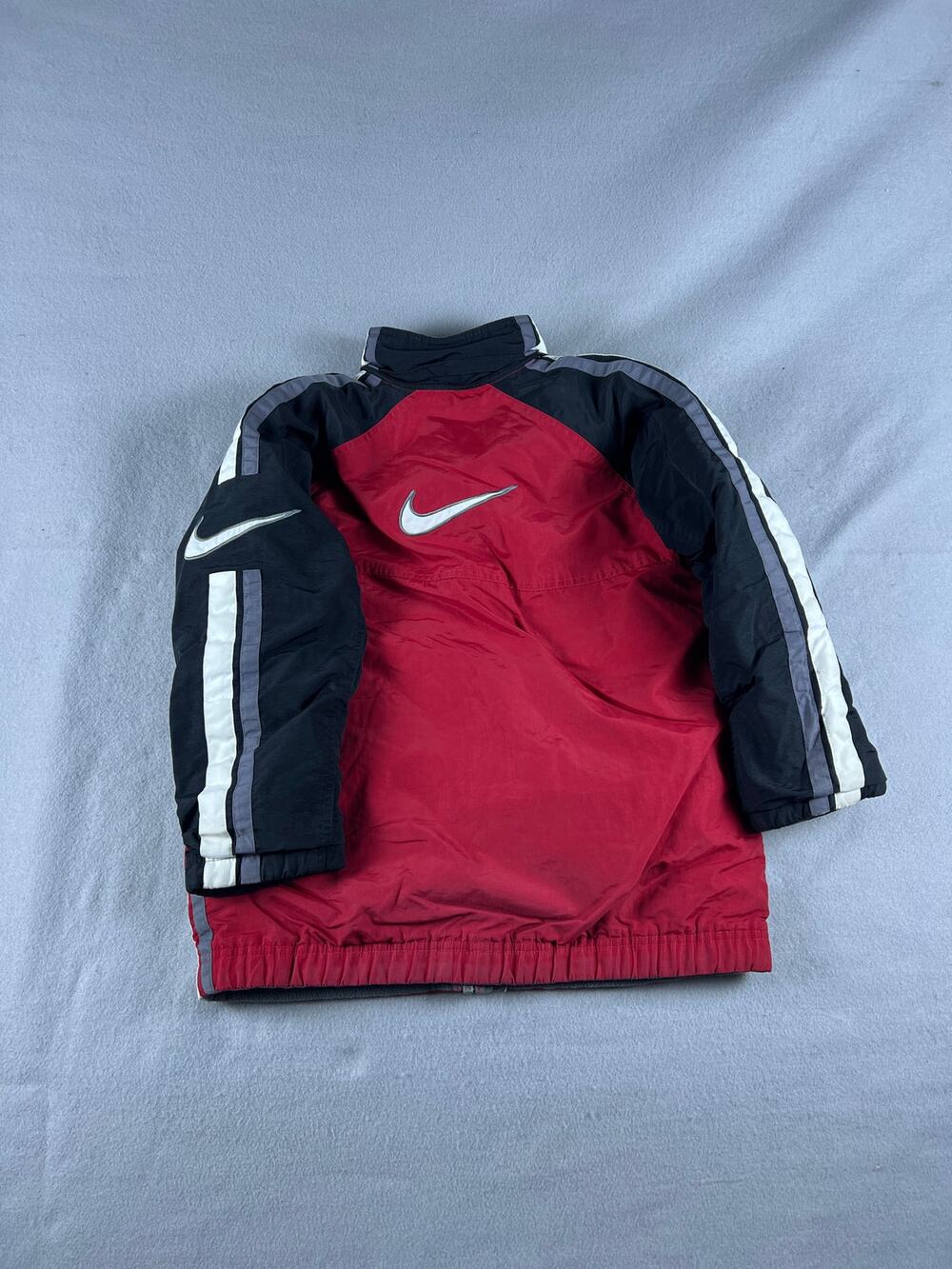 Nike Jacket Youth S Red Black Striped Center Swoosh Reversible Fleece Puffer Y2K